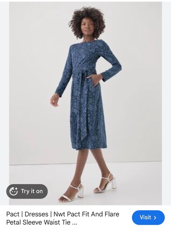 Pact Dresses & Skirts - Pact Blue Long-Sleeve Tie-Waist Midi Dress with Subtle Print cotton neutral